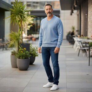 Calvin Klein ✦ Blue Cotton V Neck Long Sleeve Knit Pullover Sweater ✦ Mens XL